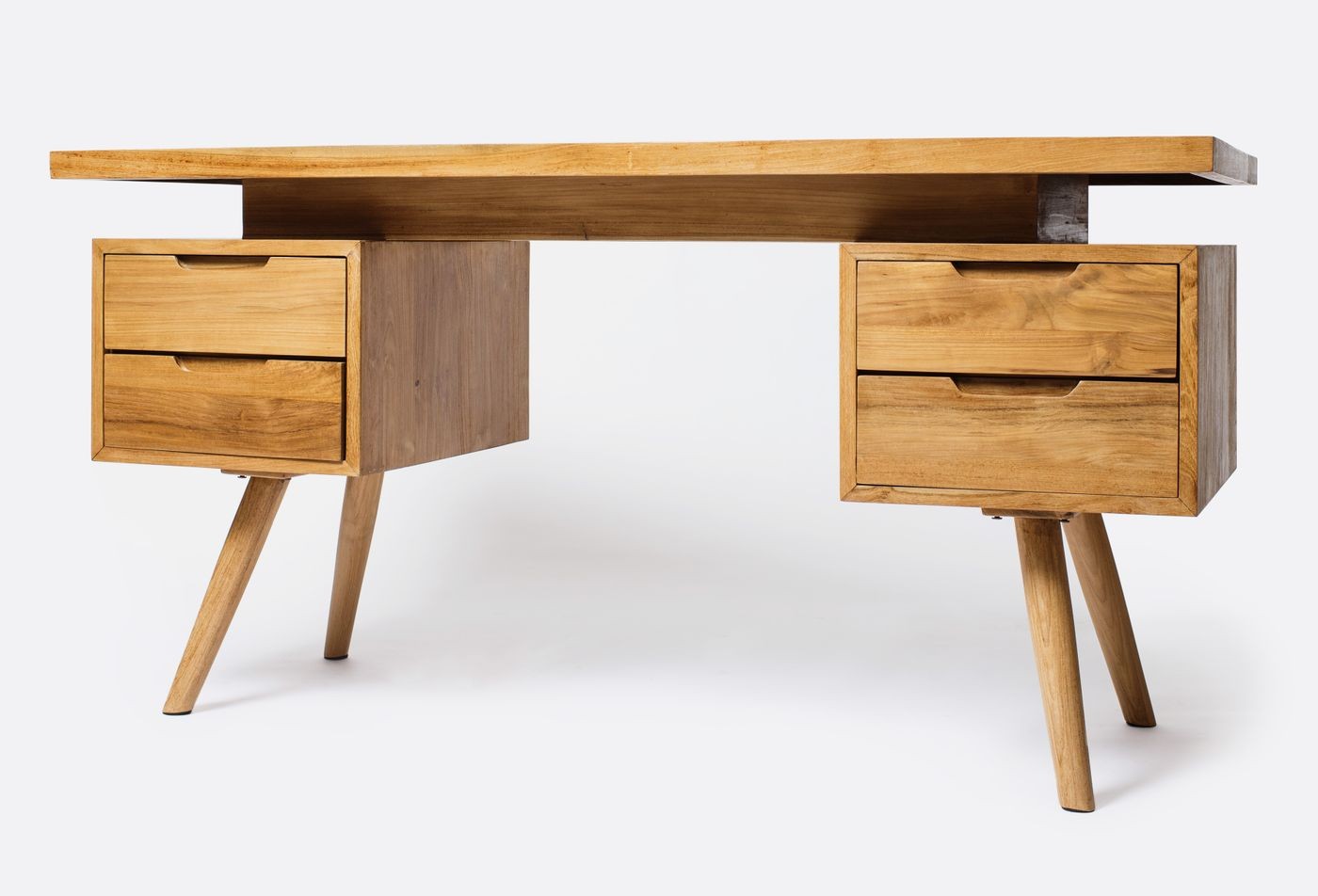 Warm brown writing desk with four drawers and angled legs