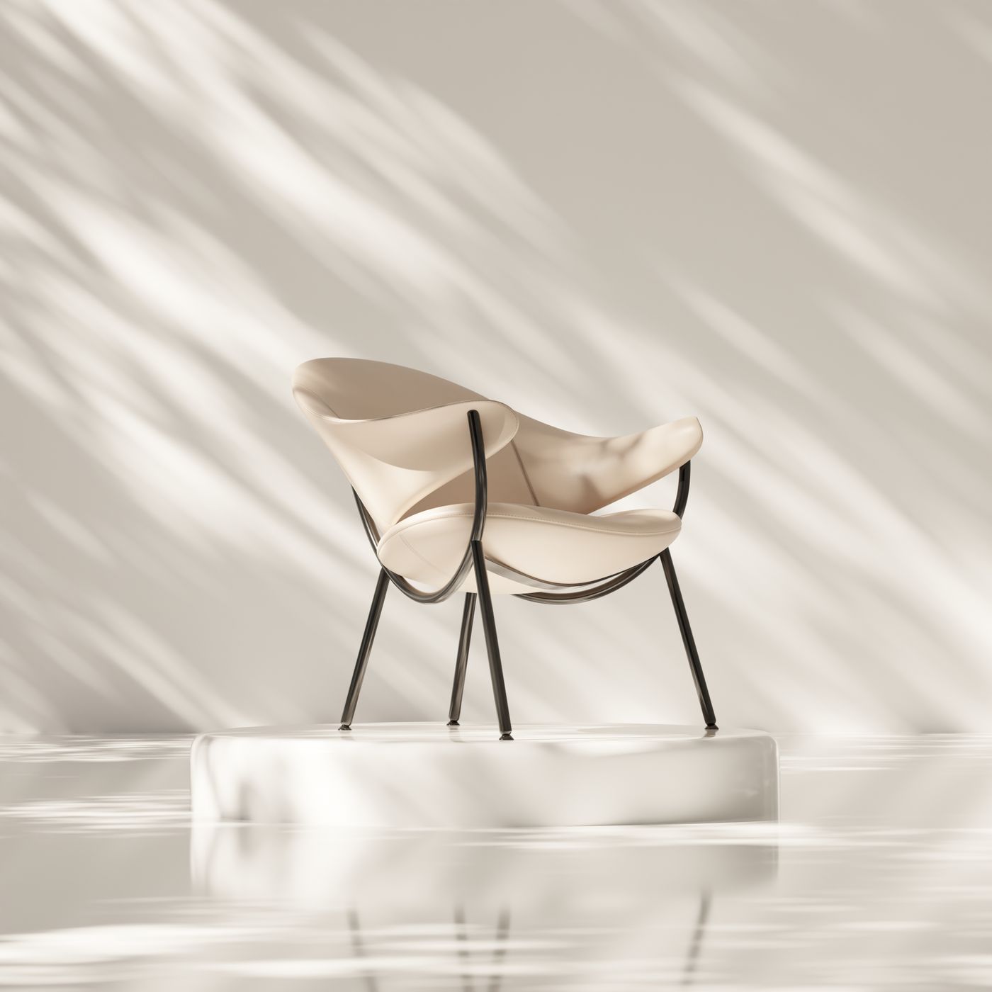 Beige accent armchair with curved upholstery and a slim black frame