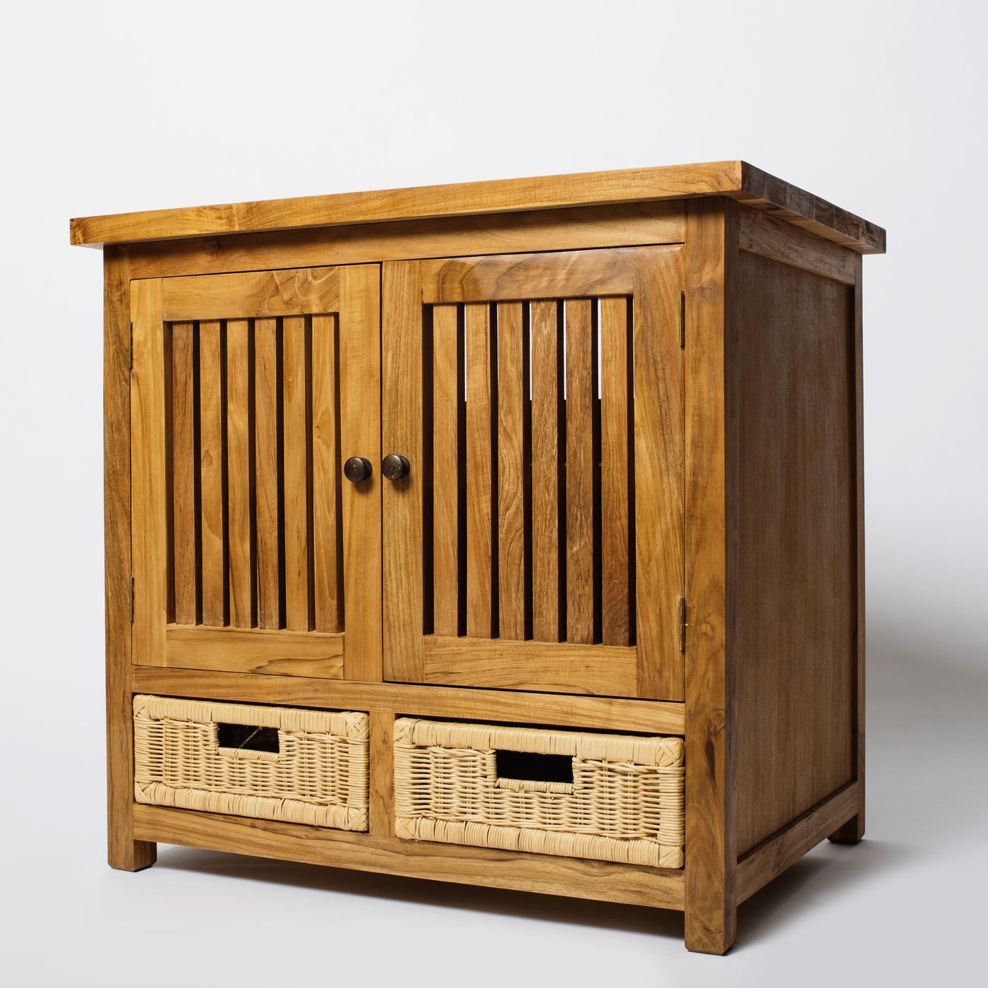 Brown two-door storage cabinet with slatted doors and two woven baskets